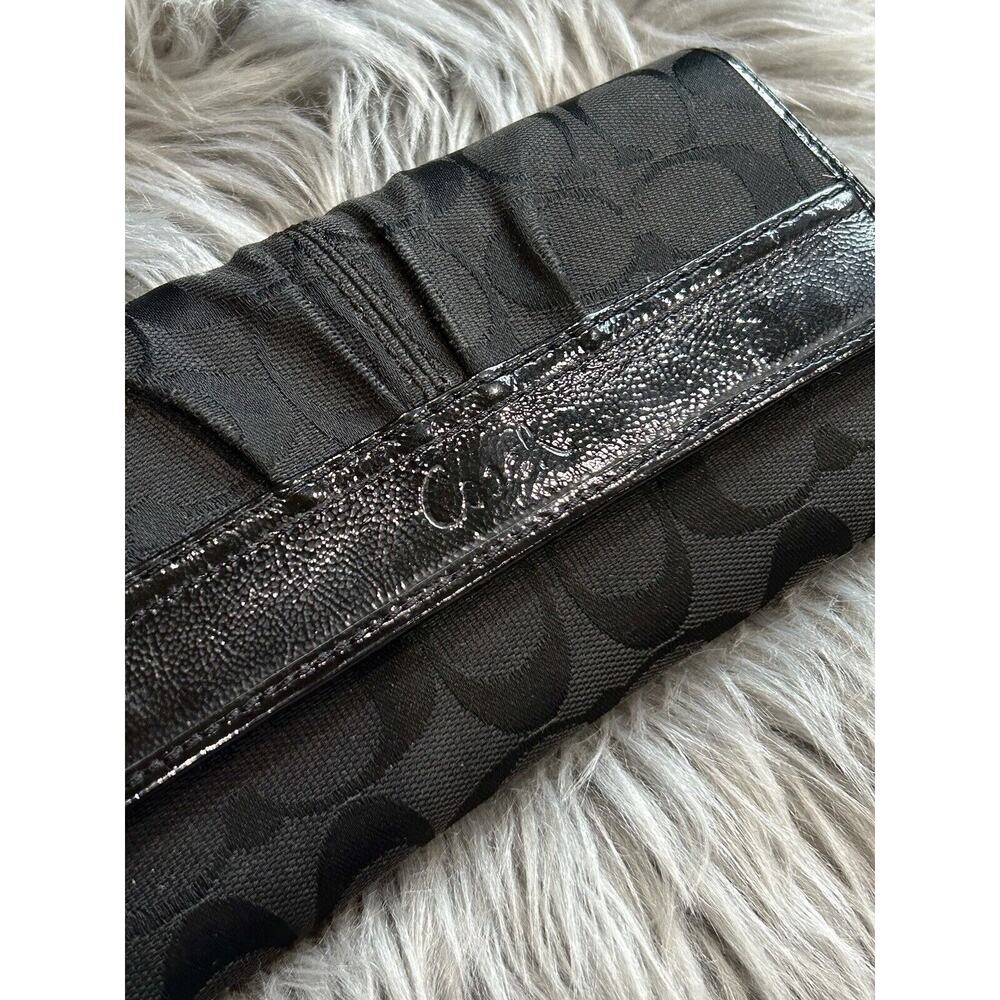 VTG COACH Black Signature 12CM Jacquard Patent Leather Trifold Clutch Wallet Set